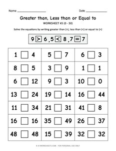Greater Than, Less Than, Equal To Worksheet #5