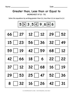 Greater Than, Less Than, Equal To Worksheet #7