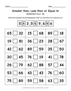 Greater Than, Less Than, Equal To Worksheet #9