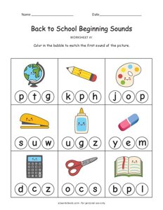 Back to School Beginning Sounds Worksheet #1