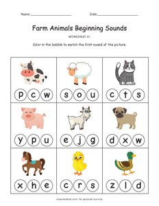 Farm Animals Beginning Sounds Worksheet #1