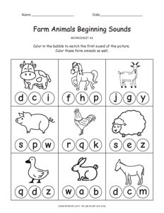 Farm Animals Beginning Sounds Worksheet #3