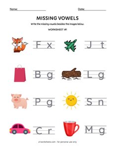 Missing Vowel Worksheet #1