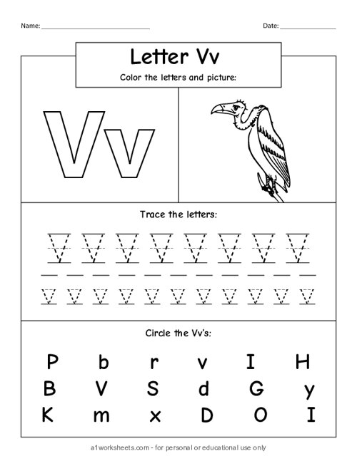 Tracing Letter V - Alphabet Learning Worksheets