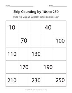 Skip Counting by 10s to 250 Worksheet #1