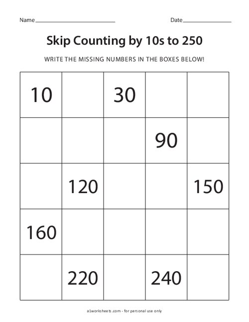 Skip Counting by 10s to 250 Worksheet #2