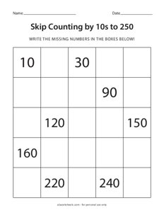 Skip Counting by 10s to 250 Worksheet #2