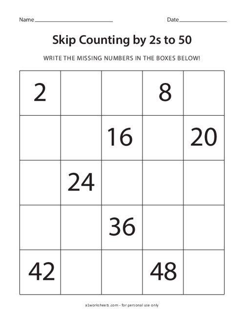 Skip Counting by 2s to 50 Worksheet #2