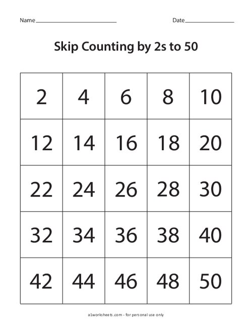 Skip Counting by 2s to 50 Number Chart