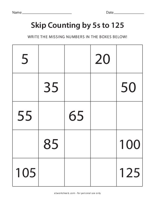 Skip Counting by 5s to 125 Worksheet #1