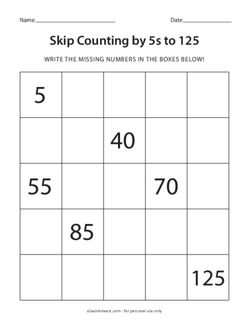 Skip Counting by 5s to 125 Worksheet #2