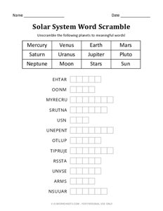 Solar System Word Scramble Worksheet
