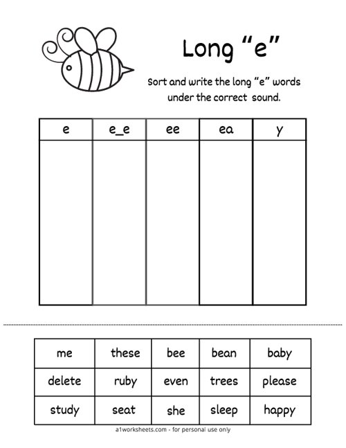 Long E Vowel Word Sort Worksheet #1