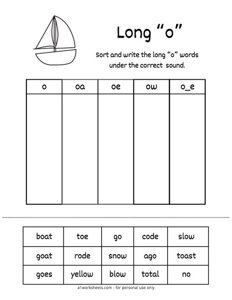 Long O Vowel Word Sort Worksheet #1