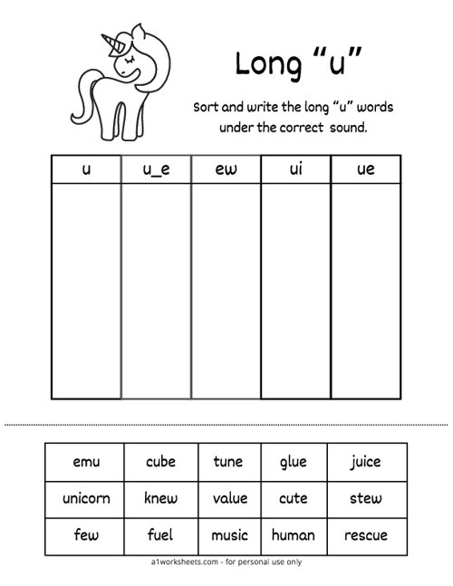 Long U Vowel Word Sort Worksheet #1