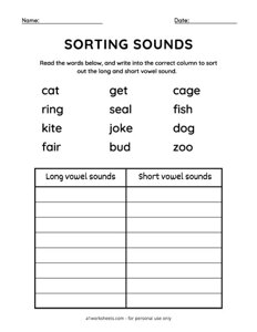 Long and Short Vowels Sort Worksheets