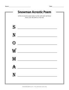 Snowman Acrostic Poem Worksheet