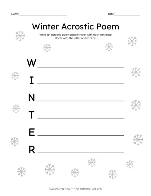 Winter Acrostic Poem Worksheet