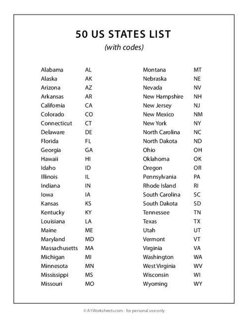 List Of Us States List Of Us States Printable Free Printable Download 