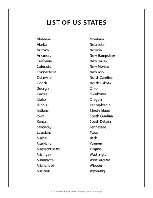 Printable List Of All 50 States