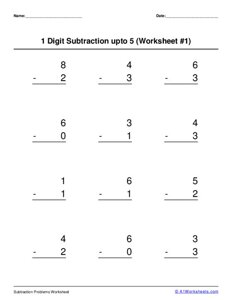 One digit subtraction up to 5 Worksheets