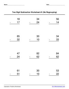 Two 2-digit Subtraction (No Regrouping) Worksheet #1
