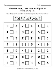 Greater Than, Less Than, Equal To Worksheets (10 Sheets)