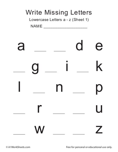 Printable Missing Letters a-z (lowercase) Worksheets