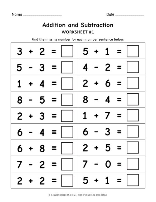 Addition and Subtraction Practice Worksheet #1